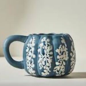 Anthropologie Country Blue & White Floral Pumpkin Ceramic Mug 20oz Cottagecore